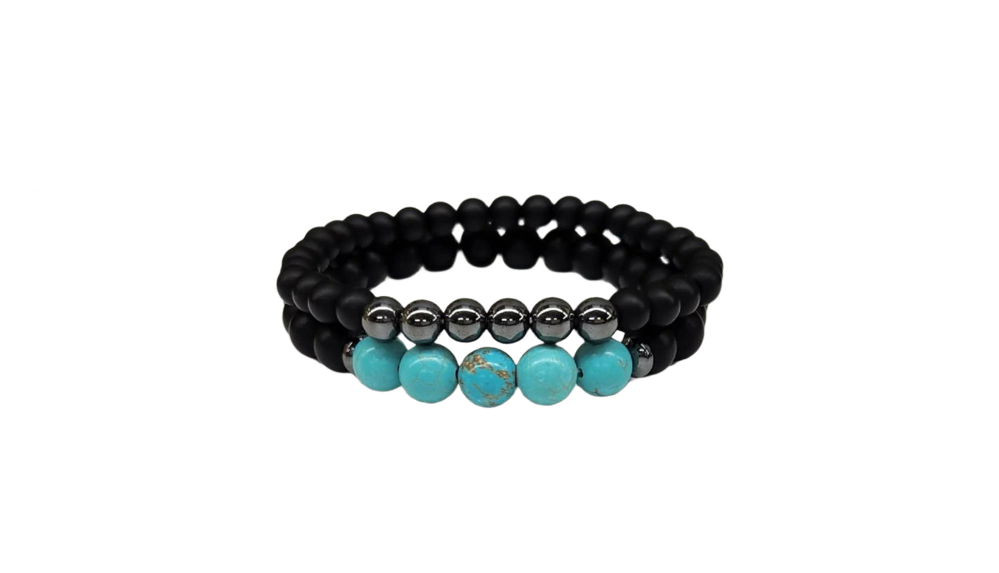 Turquoise/Hematite & Matte Black Obsidian (Two Bracelet Set)