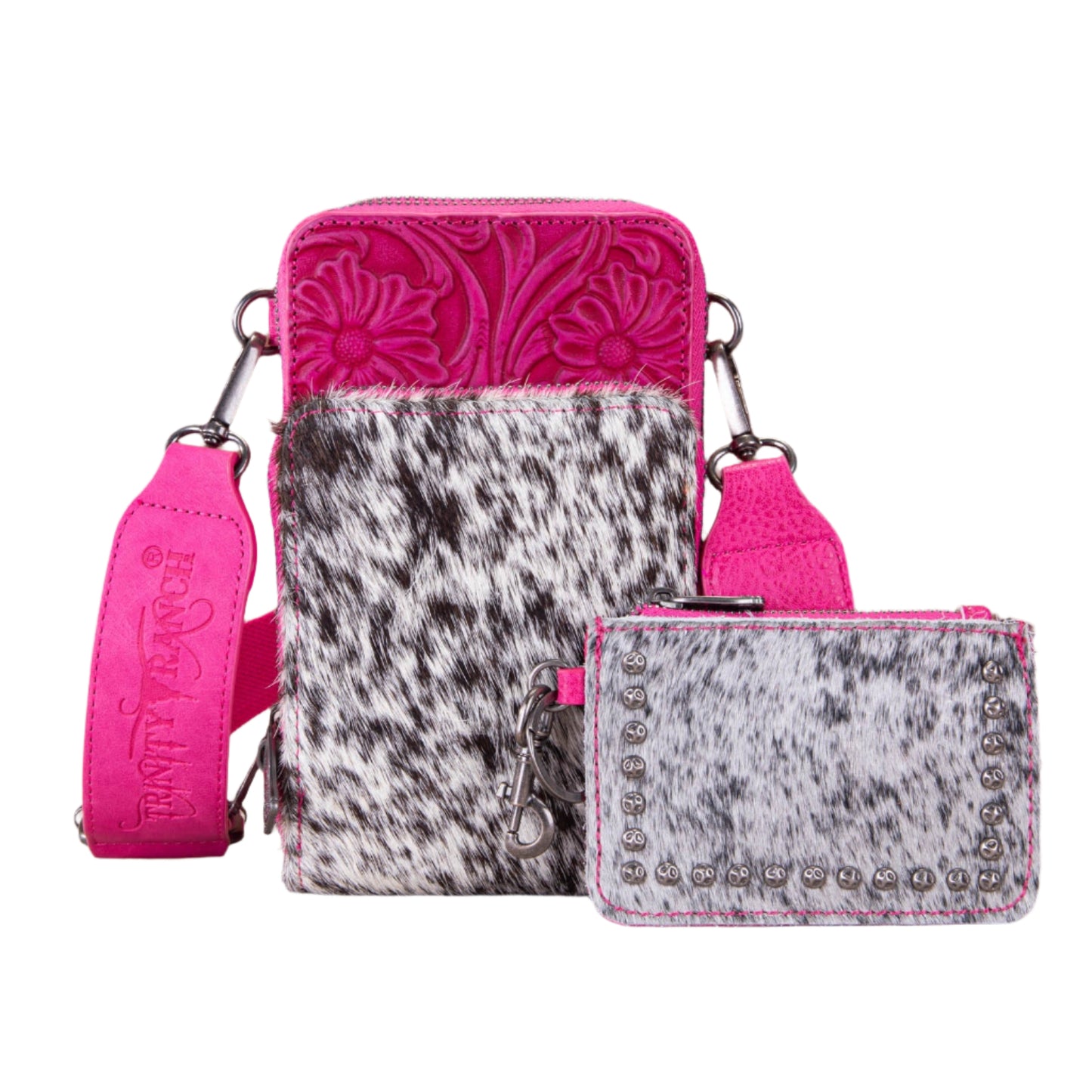 Trinity Ranch Genuine Hair-On Cowhide /Tooled Collection Phone Purse with Coin Pouch Pink