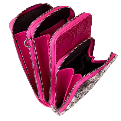 Trinity Ranch Genuine Hair-On Cowhide /Tooled Collection Phone Purse with Coin Pouch Pink