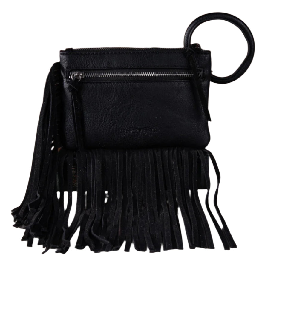 Trinity Ranch Genuine Hair-On Cowhide Ring Handle Wristlet Clutch Bag Black