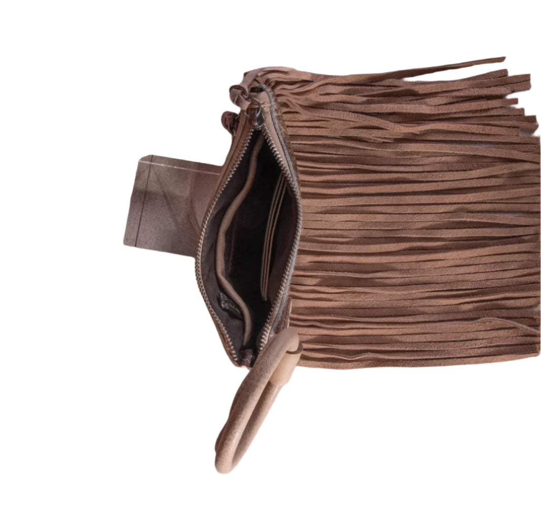 Trinity Ranch Genuine Hair-On Cowhide Ring Handle Wristlet Clutch Bag Tan