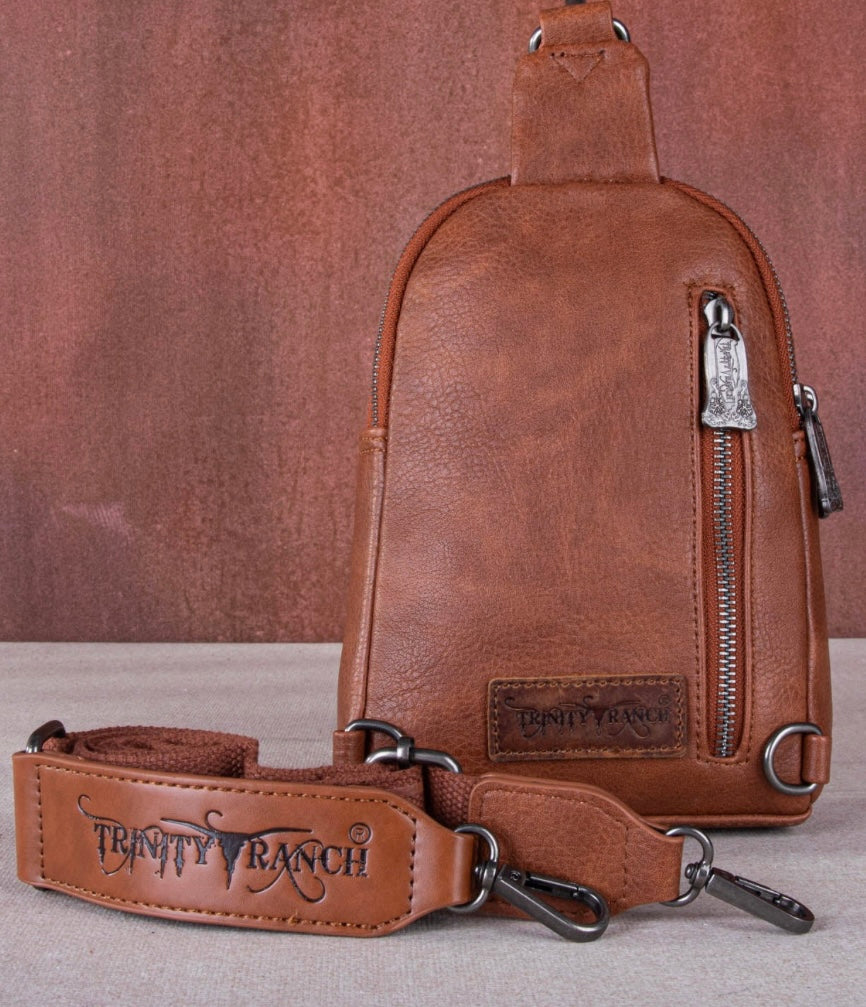 Trinity Ranch Floral Tooled Collection Sling Bag Brown