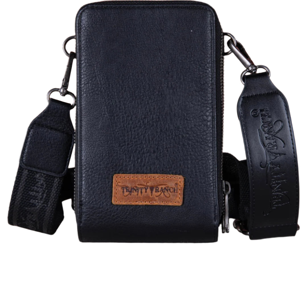 Trinity Ranch Genuine Hair-On Cowhide /Tooled Collection Phone Purse with Coin Pouch Black