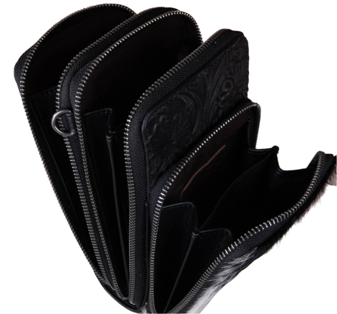 Trinity Ranch Genuine Hair-On Cowhide /Tooled Collection Phone Purse with Coin Pouch Black