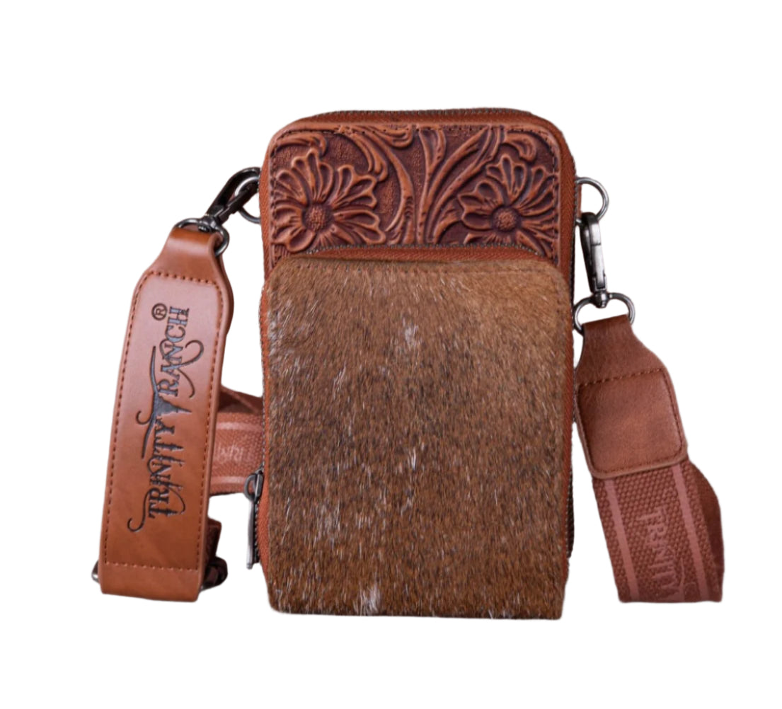 Trinity Ranch Genuine Hair-On Cowhide /Tooled Collection Phone Purse with Coin Pouch Brown