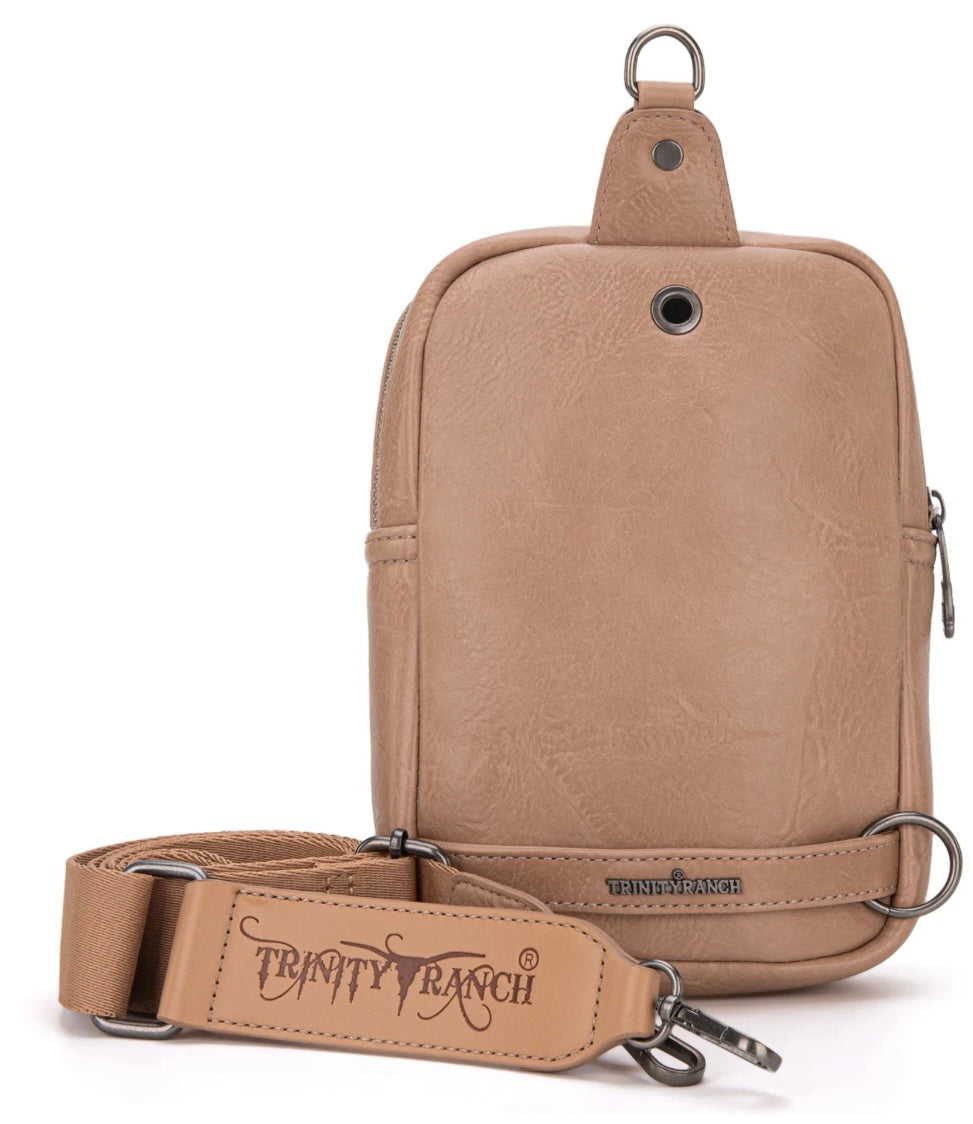 Trinity Ranch Genuine Hair-On Cowhide Tooled Sling Bag Tan