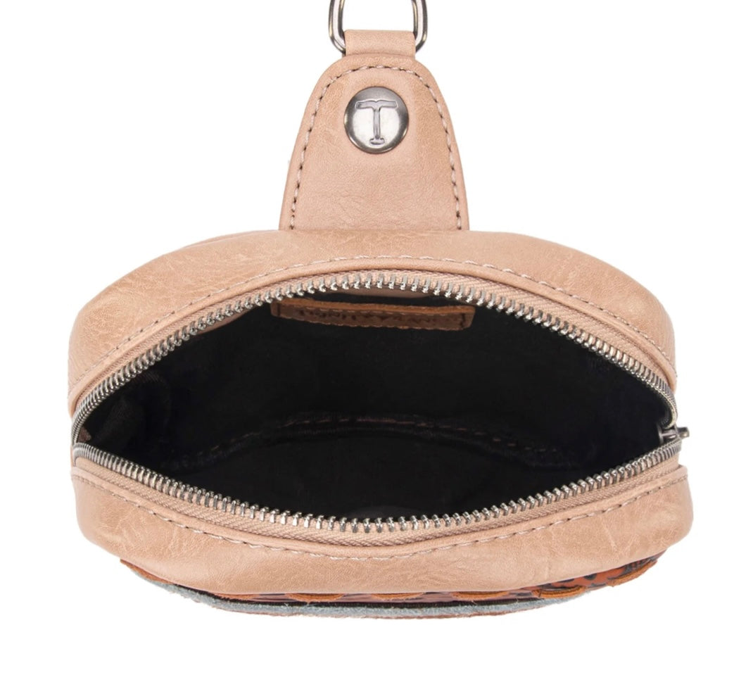 Trinity Ranch Genuine Hair-On Cowhide Tooled Sling Bag Tan