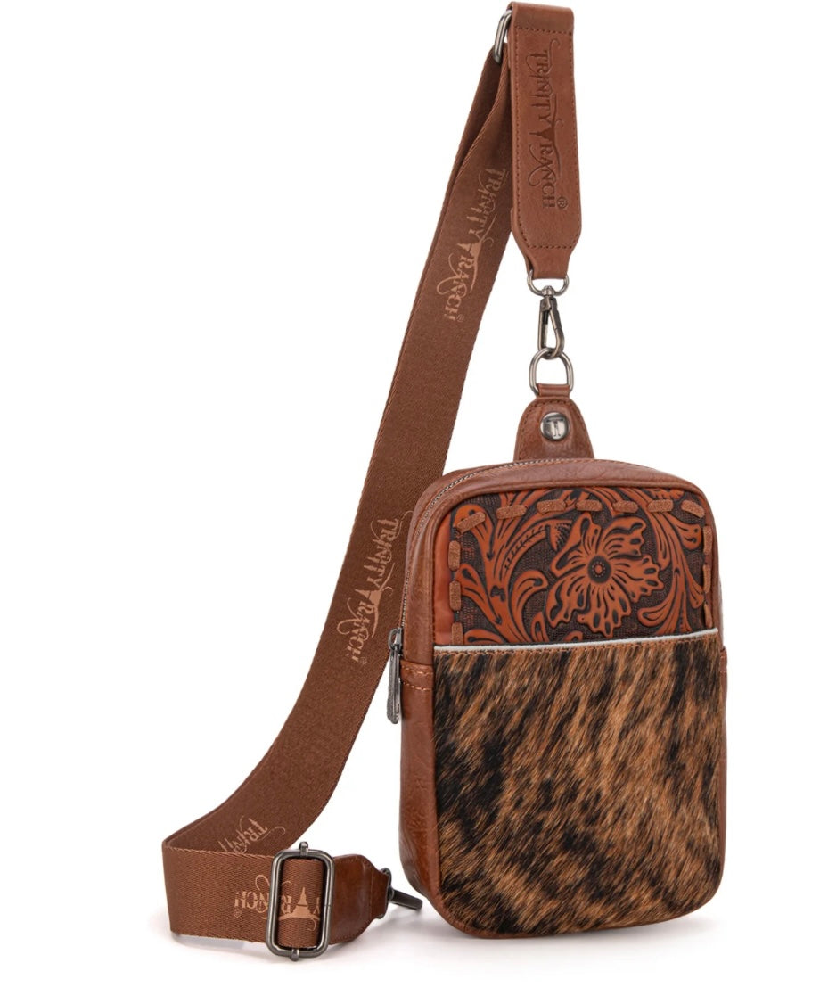 Trinity Ranch Genuine Hair-On Cowhide Tooled Sling Bag Brown