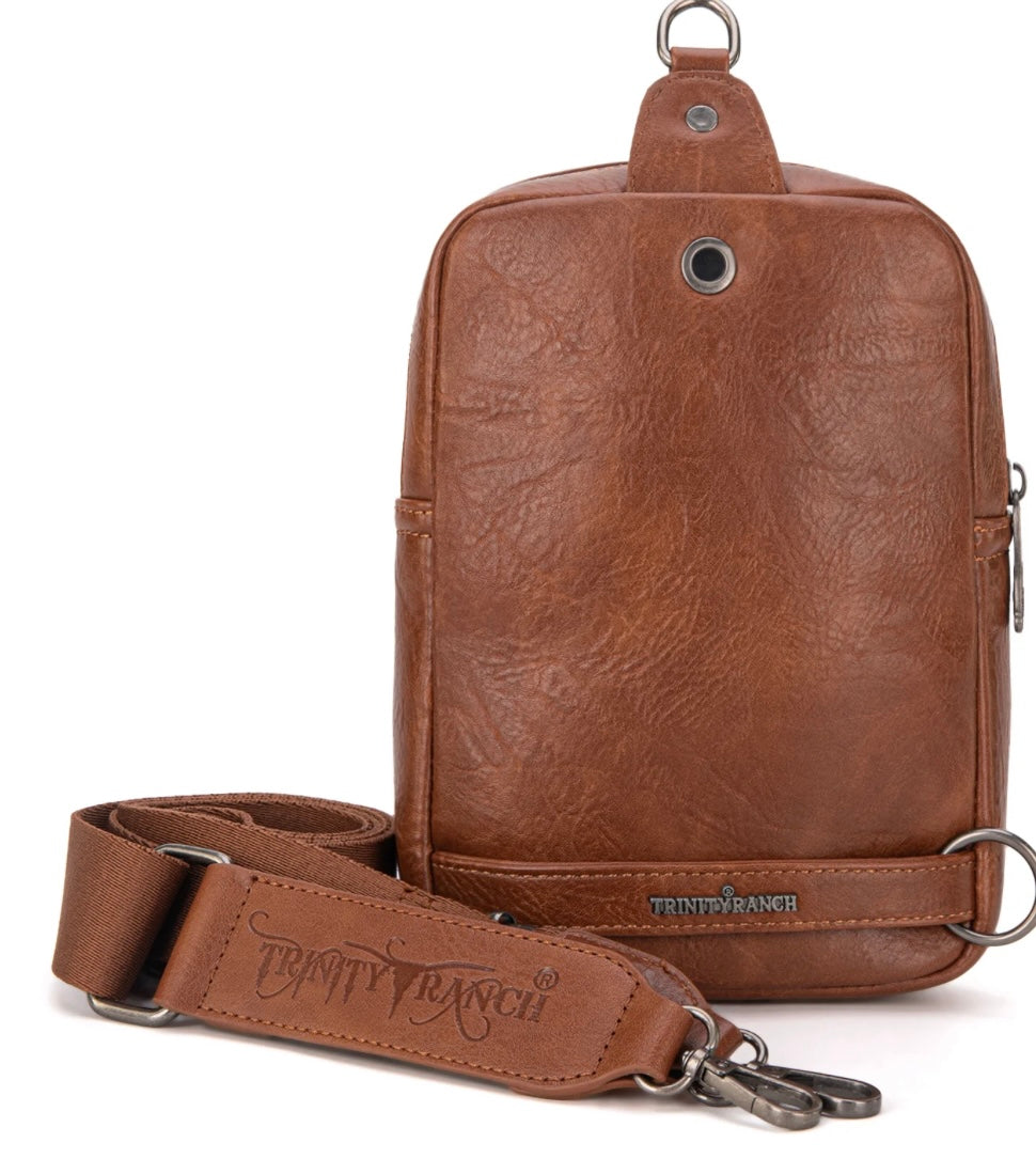 Trinity Ranch Genuine Hair-On Cowhide Tooled Sling Bag Brown