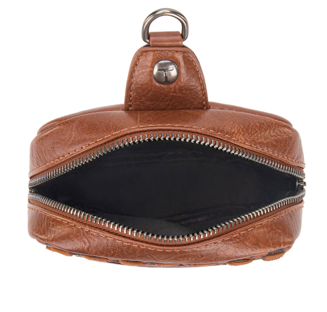 Trinity Ranch Genuine Hair-On Cowhide Tooled Sling Bag Brown