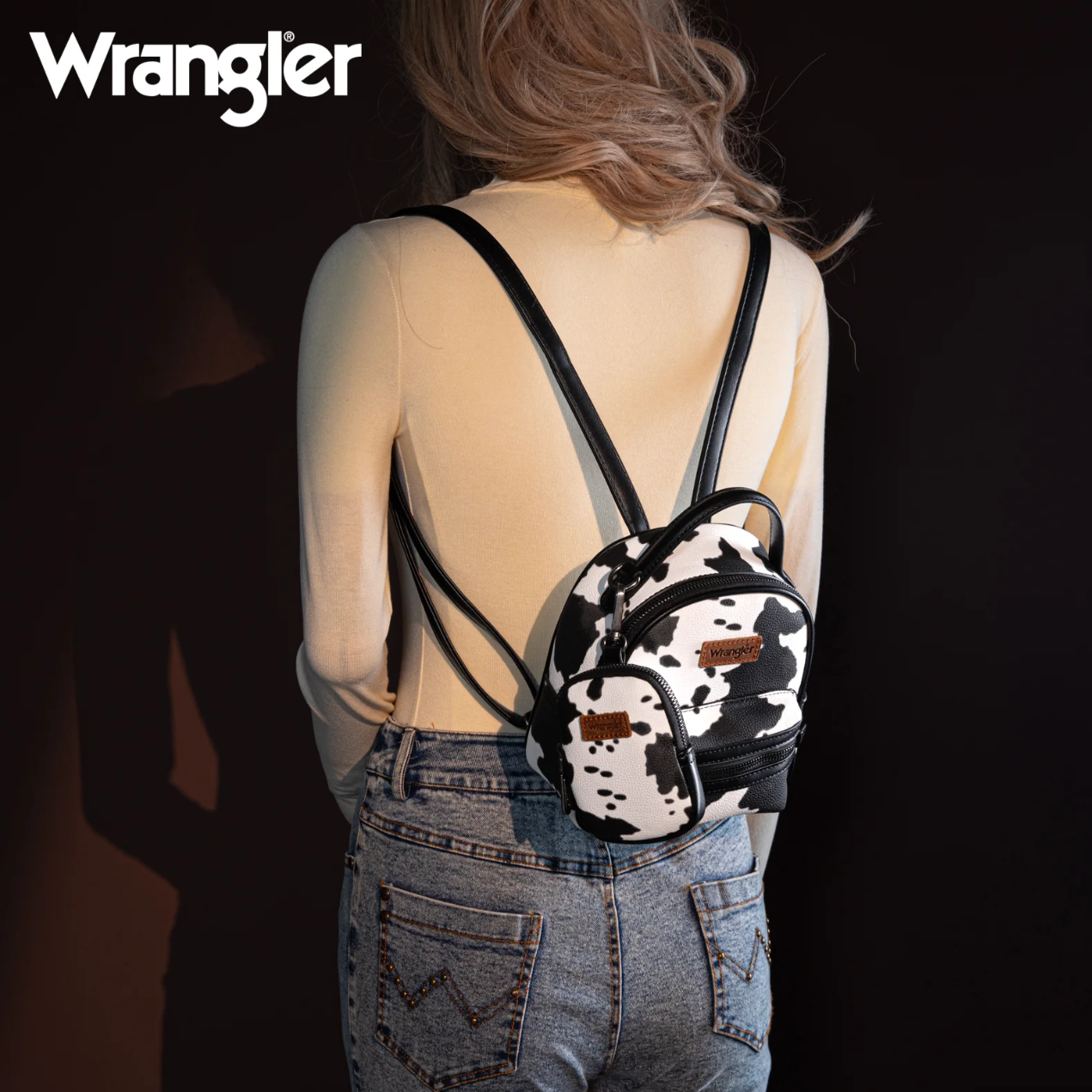 Wrangler Cow Print Trimmed Mini Backpack With Coin Pouch - Black/White