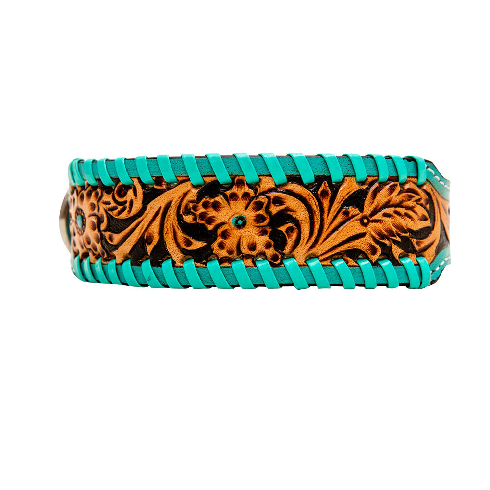 Acety Hand-Tooled Leather Dog Collar Aqua