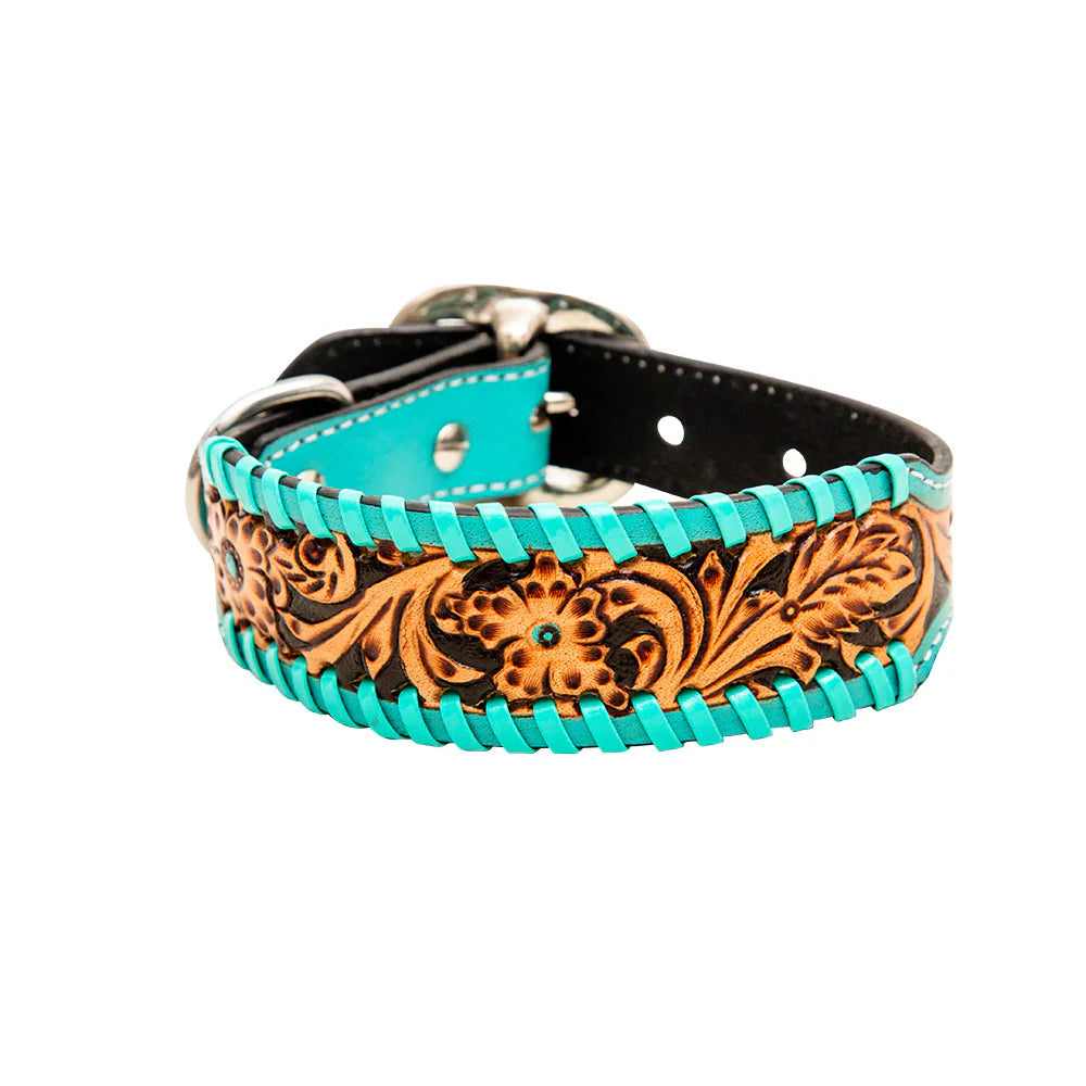 Acety Hand-Tooled Leather Dog Collar Aqua