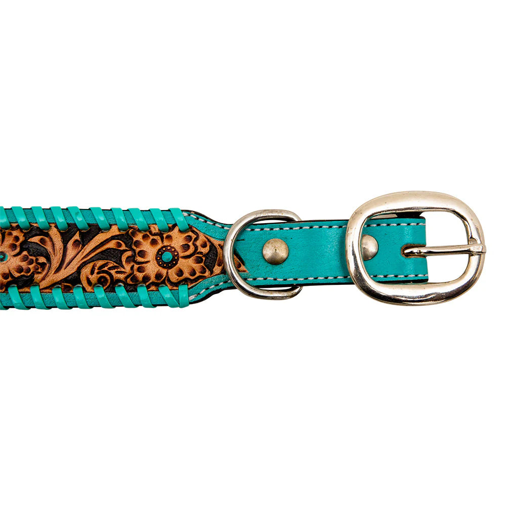 Acety Hand-Tooled Leather Dog Collar Aqua