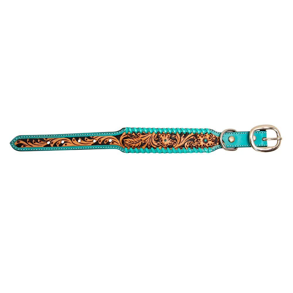 Acety Hand-Tooled Leather Dog Collar Aqua