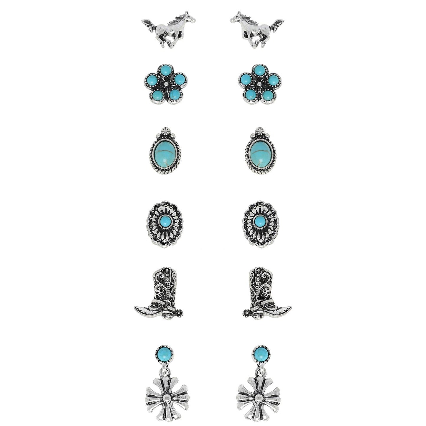 Assorted 6-Pair Western Themed Turquoise Stud Earrings Set