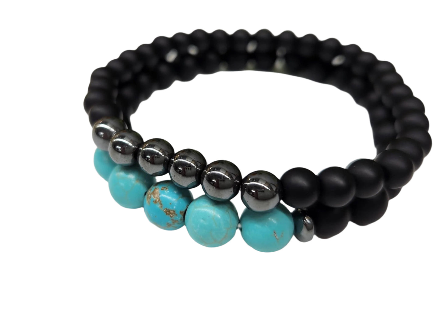 Turquoise/Hematite & Matte Black Obsidian (Two Bracelet Set)