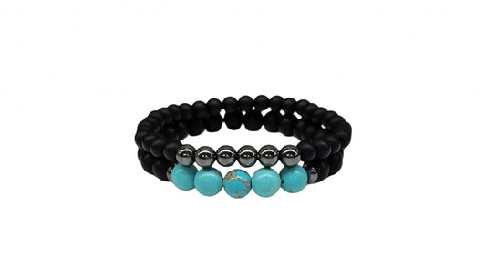 Turquoise/Hematite & Matte Black Obsidian (Two Bracelet Set)