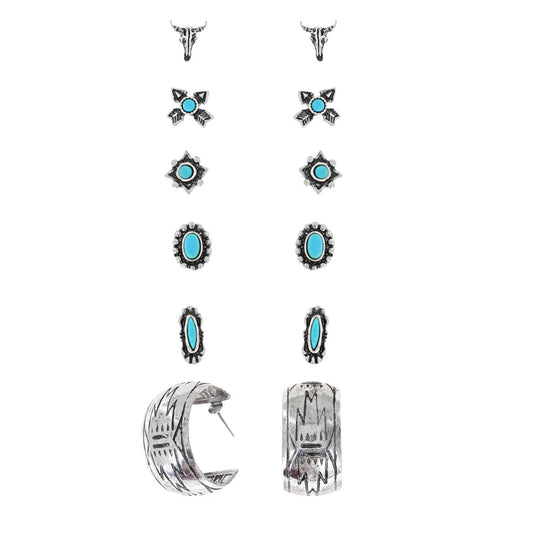 Western 6-Pair Assorted Stud & Hoop Steer Earring Set