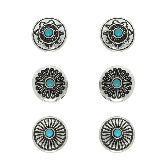 3-Pair Western Turquoise Concho Earring Set