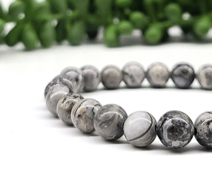 Map Jasper Gemstone Bracelet Stretchable 8mm Beads, 7.5"L