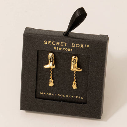 Secret Box Western Cowboy Boot And Charm Dangle Earrings