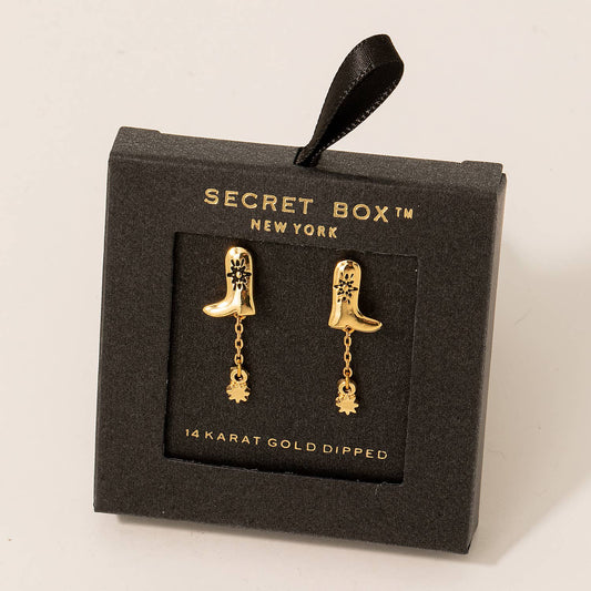 Secret Box Western Cowboy Boot And Charm Dangle Earrings