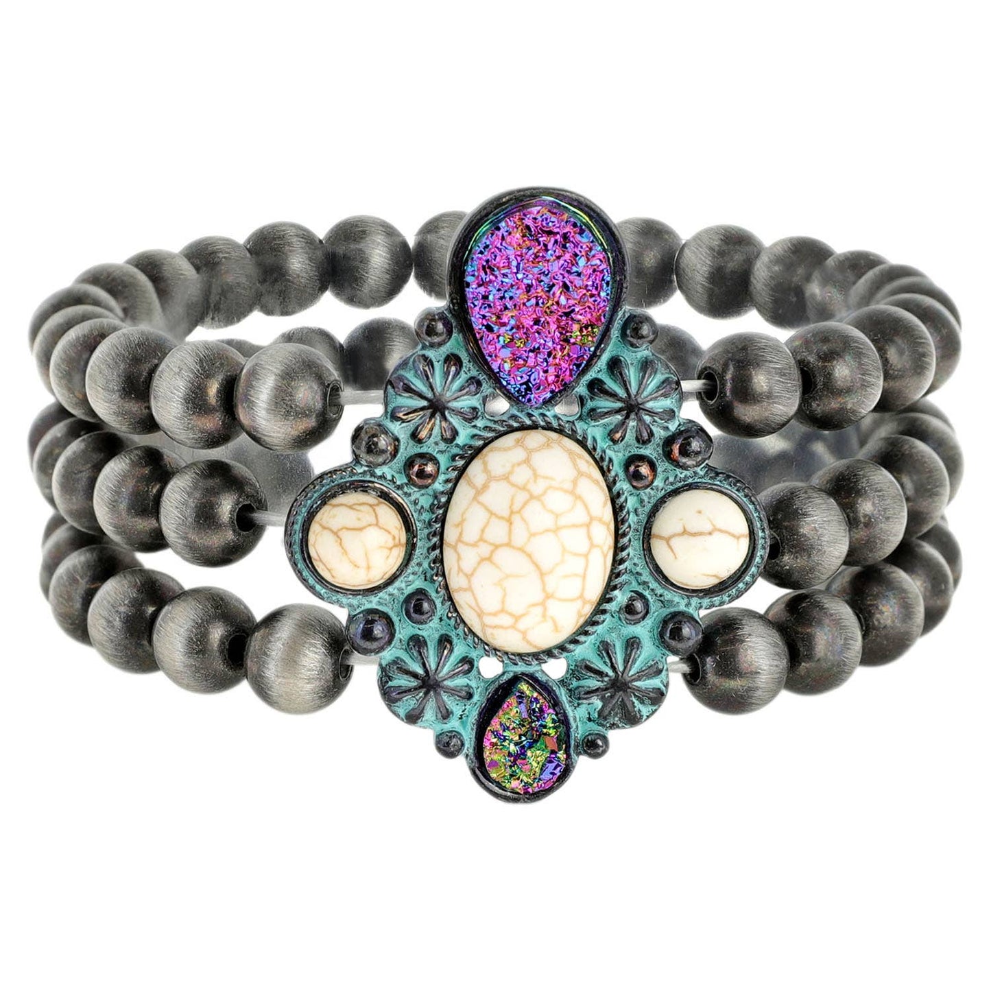 Western Navajo Bead Bracelet w Faux Drusy Stone