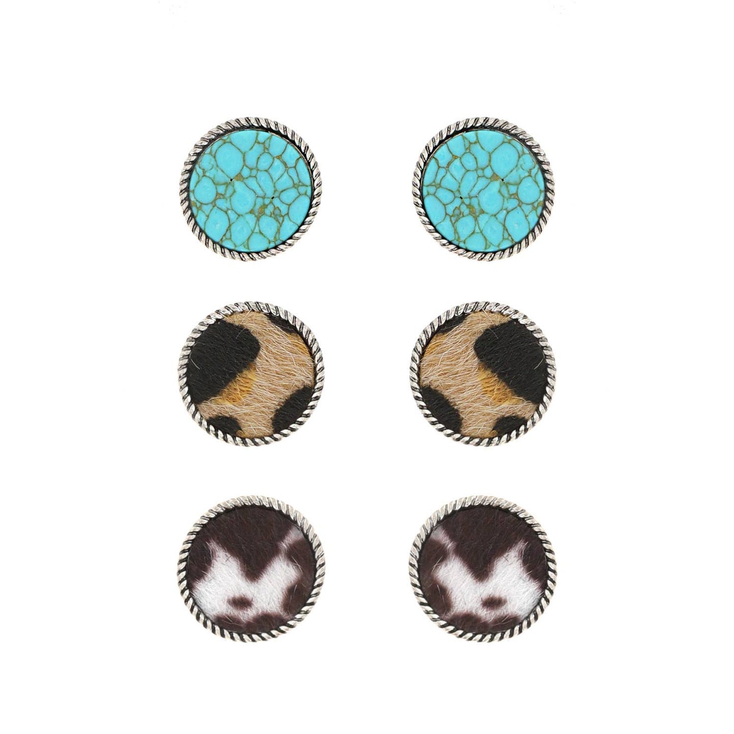 3 Pair Circular Cow Hide & Semi Stone Stud Earring Set