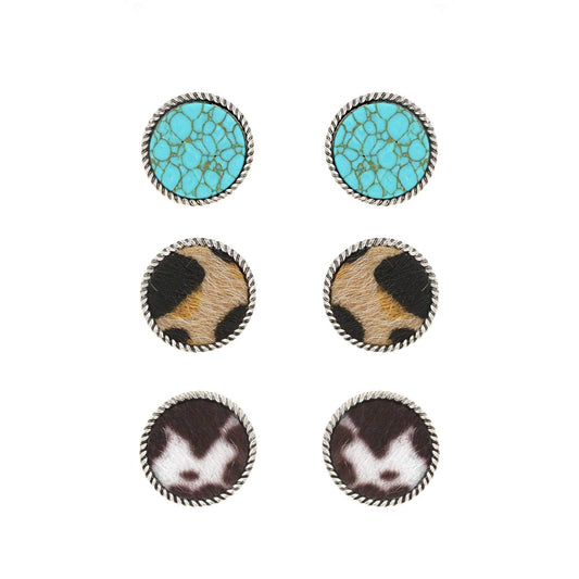 3 Pair Circular Cow Hide & Semi Stone Stud Earring Set