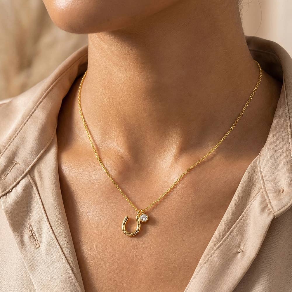 Gold Dipped Horse Shoe And Cz Charm Necklace