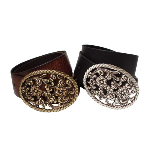 Swarovski Crystal Floral Genuine Full Grain Leather Belt 1-1/2"