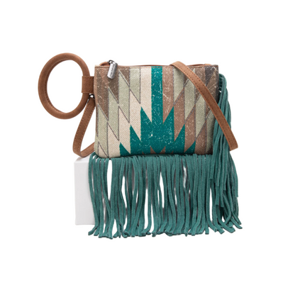 Montana West Aztec Print Fringe Ring Handle Wristlet Clutch Bag