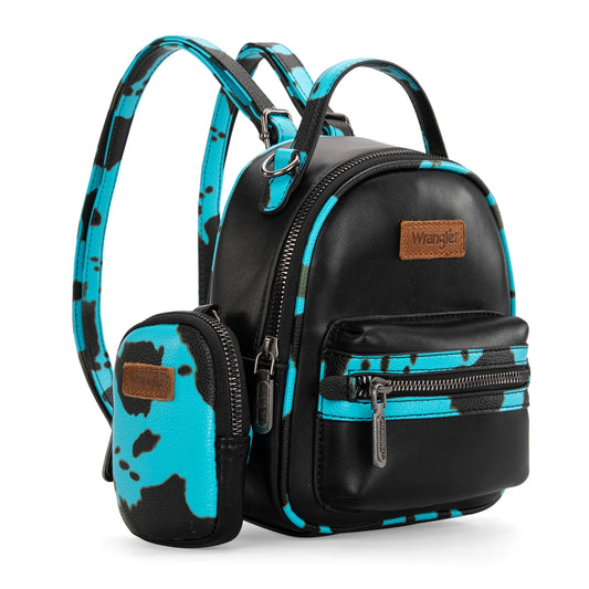 Wrangler Cow Print Trimmed Mini Backpack With Coin Pouch -Turquoise