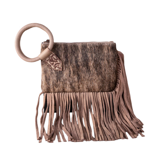 Trinity Ranch Genuine Hair-On Cowhide Ring Handle Wristlet Clutch Bag Tan