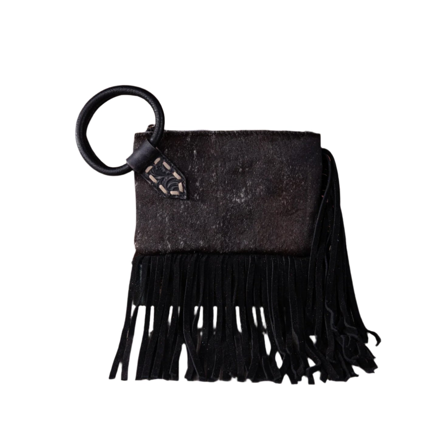 Trinity Ranch Genuine Hair-On Cowhide Ring Handle Wristlet Clutch Bag Black