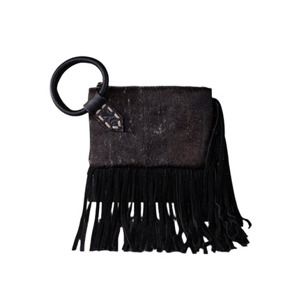 Trinity Ranch Genuine Hair-On Cowhide Ring Handle Wristlet Clutch Bag Black