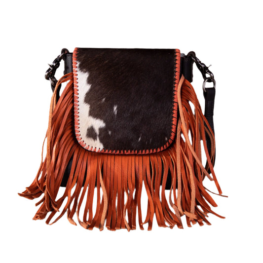 Montana West Genuine Leather Hair-On Collection Fringe Crossbody Orange