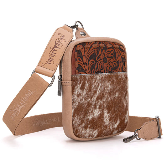 Trinity Ranch Genuine Hair-On Cowhide Tooled Sling Bag Tan