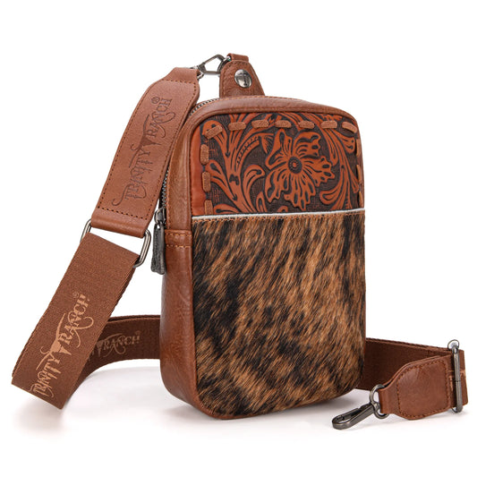 Trinity Ranch Genuine Hair-On Cowhide Tooled Sling Bag Brown