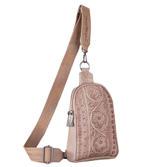 Trinity Ranch Floral Tooled Collection Sling Bag Tan
