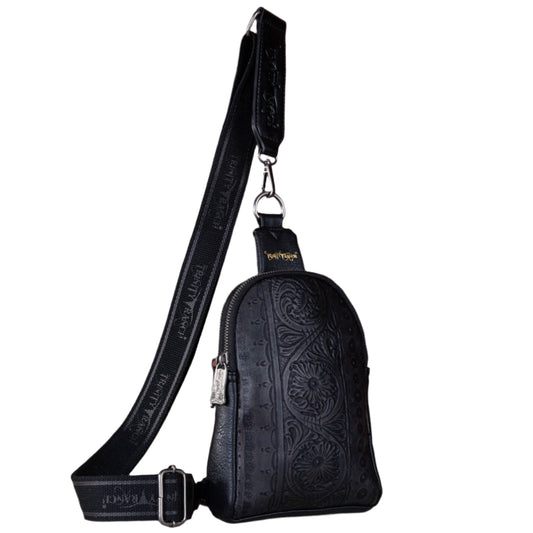 Trinity Ranch Floral Tooled Collection Sling Bag Black