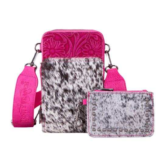 Trinity Ranch Genuine Hair-On Cowhide /Tooled Collection Phone Purse with Coin Pouch Pink