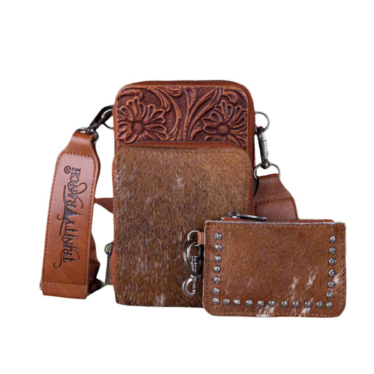 Trinity Ranch Genuine Hair-On Cowhide /Tooled Collection Phone Purse with Coin Pouch Brown