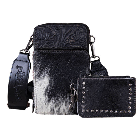 Trinity Ranch Genuine Hair-On Cowhide /Tooled Collection Phone Purse with Coin Pouch Black