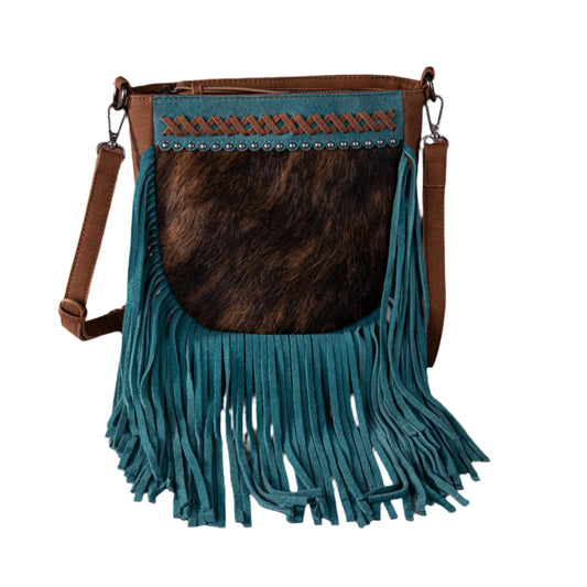 Trinity Ranch Hair-On Cowhide Fringe Crossbody Bag Brown & Teal