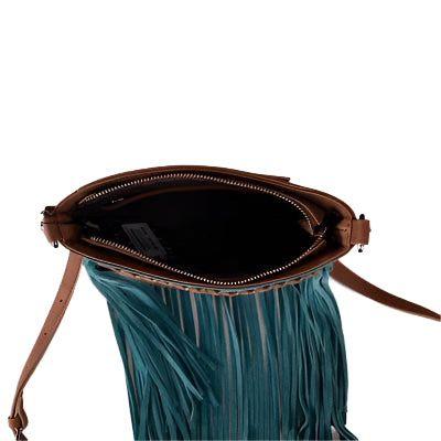 Trinity Ranch Hair-On Cowhide Fringe Crossbody Bag Brown & Teal