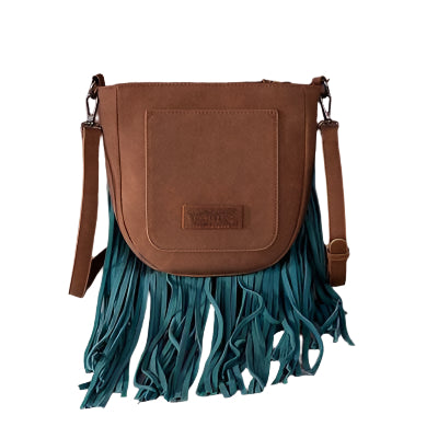 Trinity Ranch Hair-On Cowhide Fringe Crossbody Bag Brown & Teal