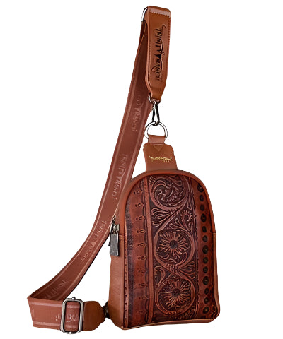 Trinity Ranch Floral Tooled Collection Sling Bag Brown