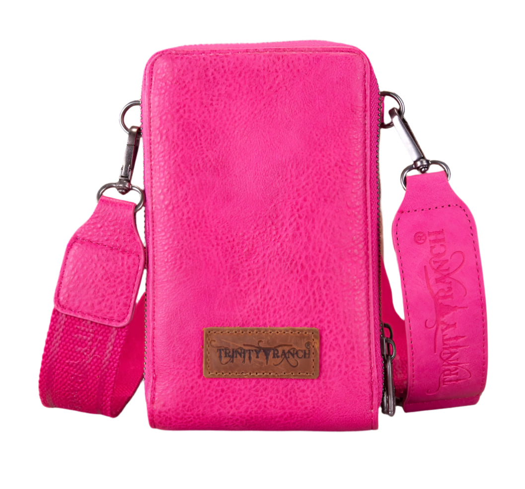 Trinity Ranch Genuine Hair-On Cowhide /Tooled Collection Phone Purse with Coin Pouch Pink